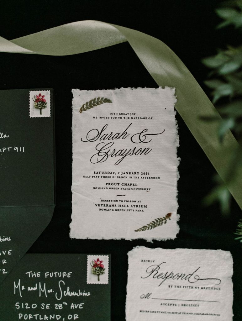 Custom Invitation Stationary Suite.  Handmade Paper with ferns by Sarah C Selzer